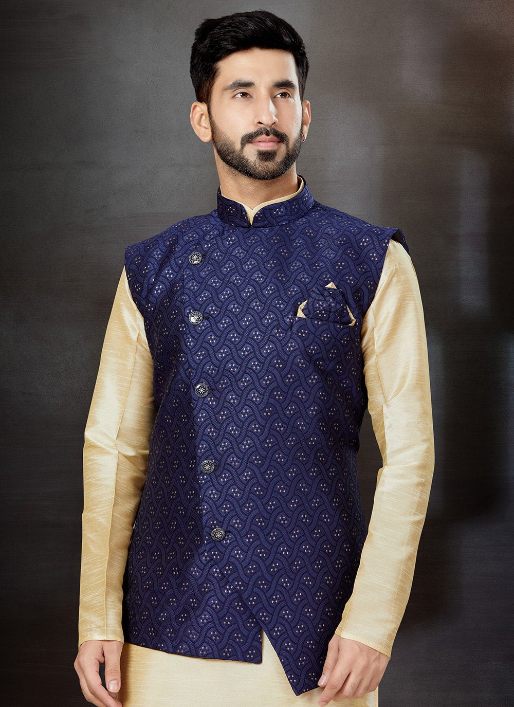 Kurta Payjama With Jacket Dupion Silk Jacquard Blue Cream Embroidered Mens