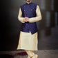 Kurta Payjama With Jacket Dupion Silk Jacquard Blue Cream Embroidered Mens