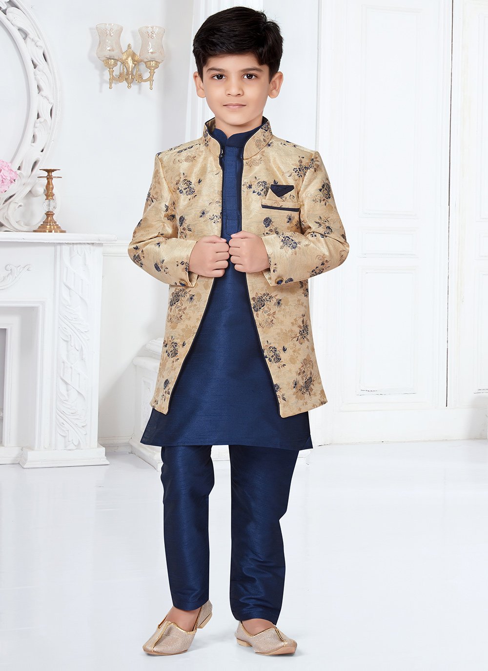 Indo Western Sherwani Dupion Silk Jacquard Blue Cream Fancy Work Kids