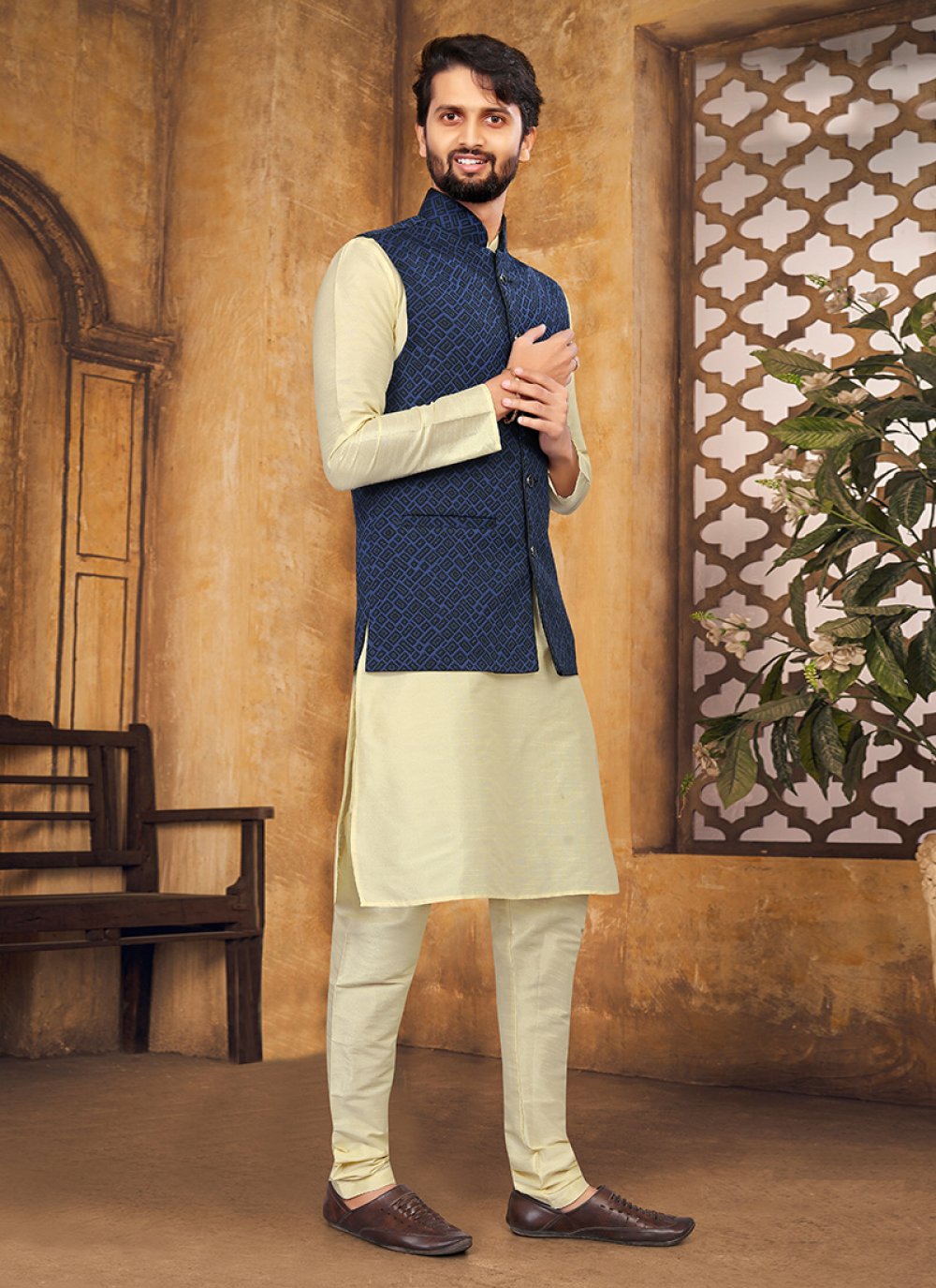 Kurta Payjama With Jacket Silk Blue Cream Fancy Work Mens