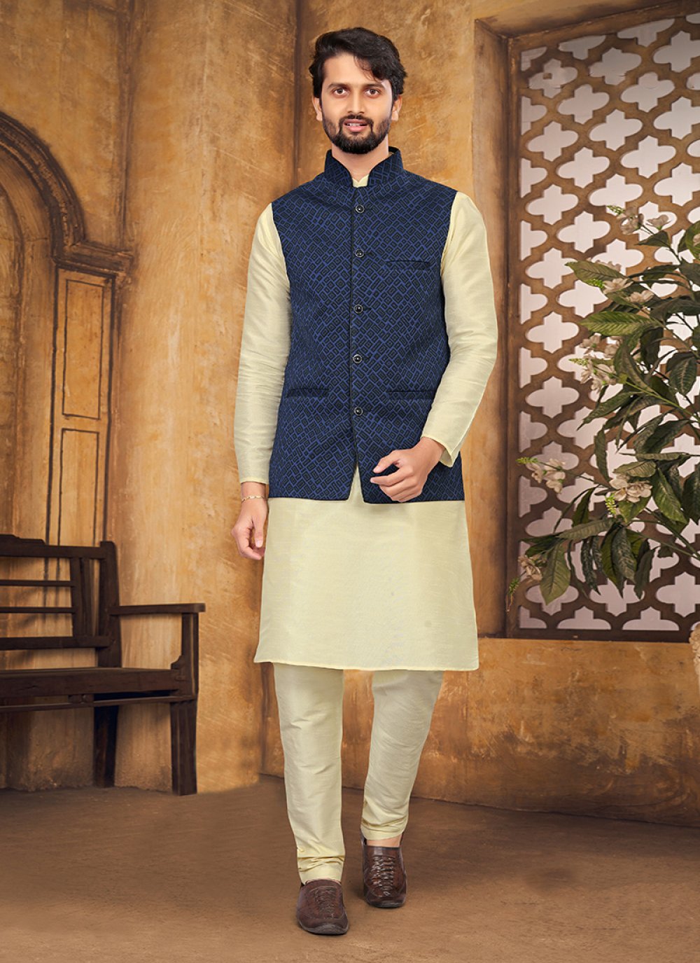 Kurta Payjama With Jacket Silk Blue Cream Fancy Work Mens