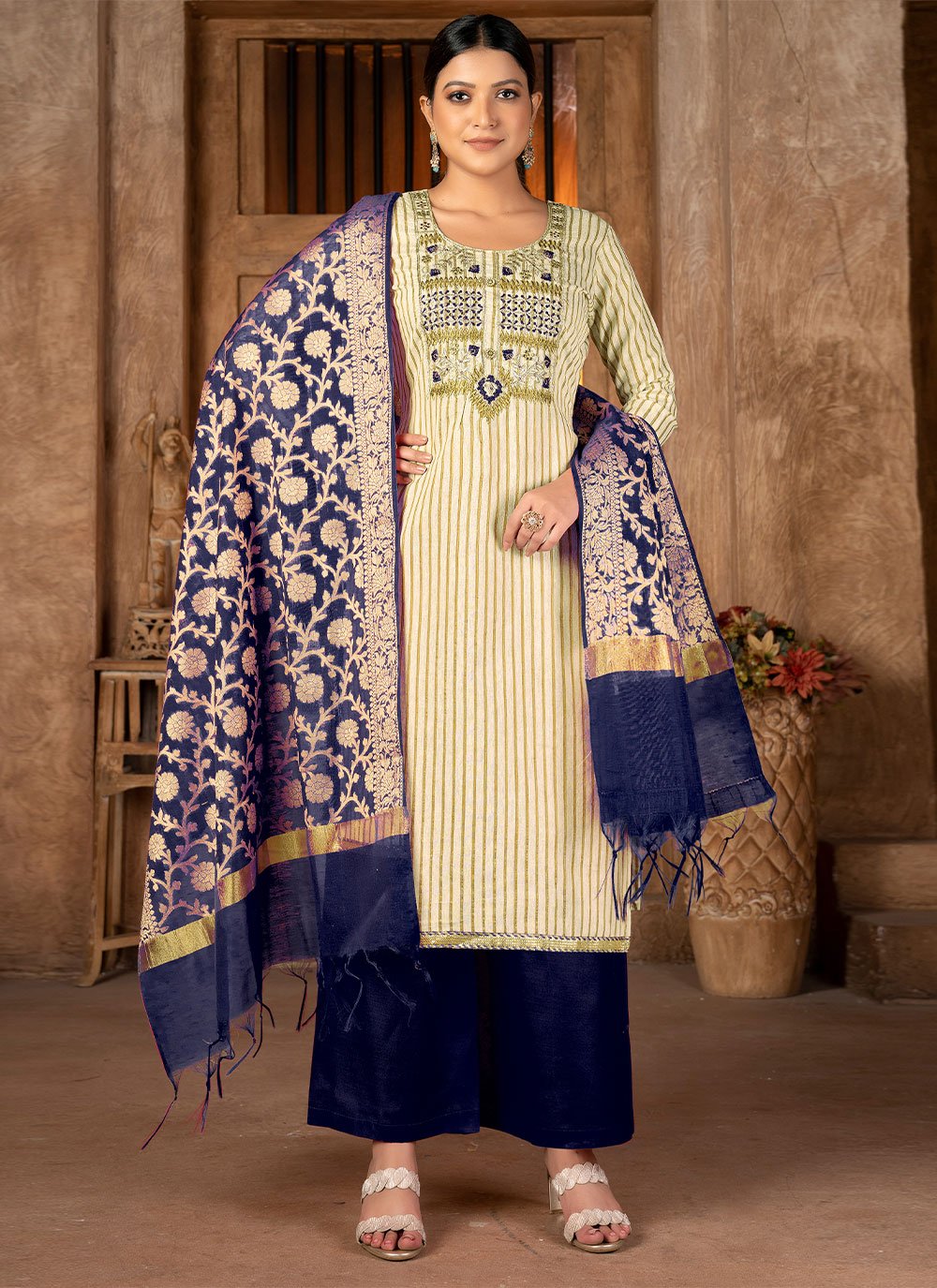 Salwar Suit Cotton Blue Cream Weaving Salwar Kameez