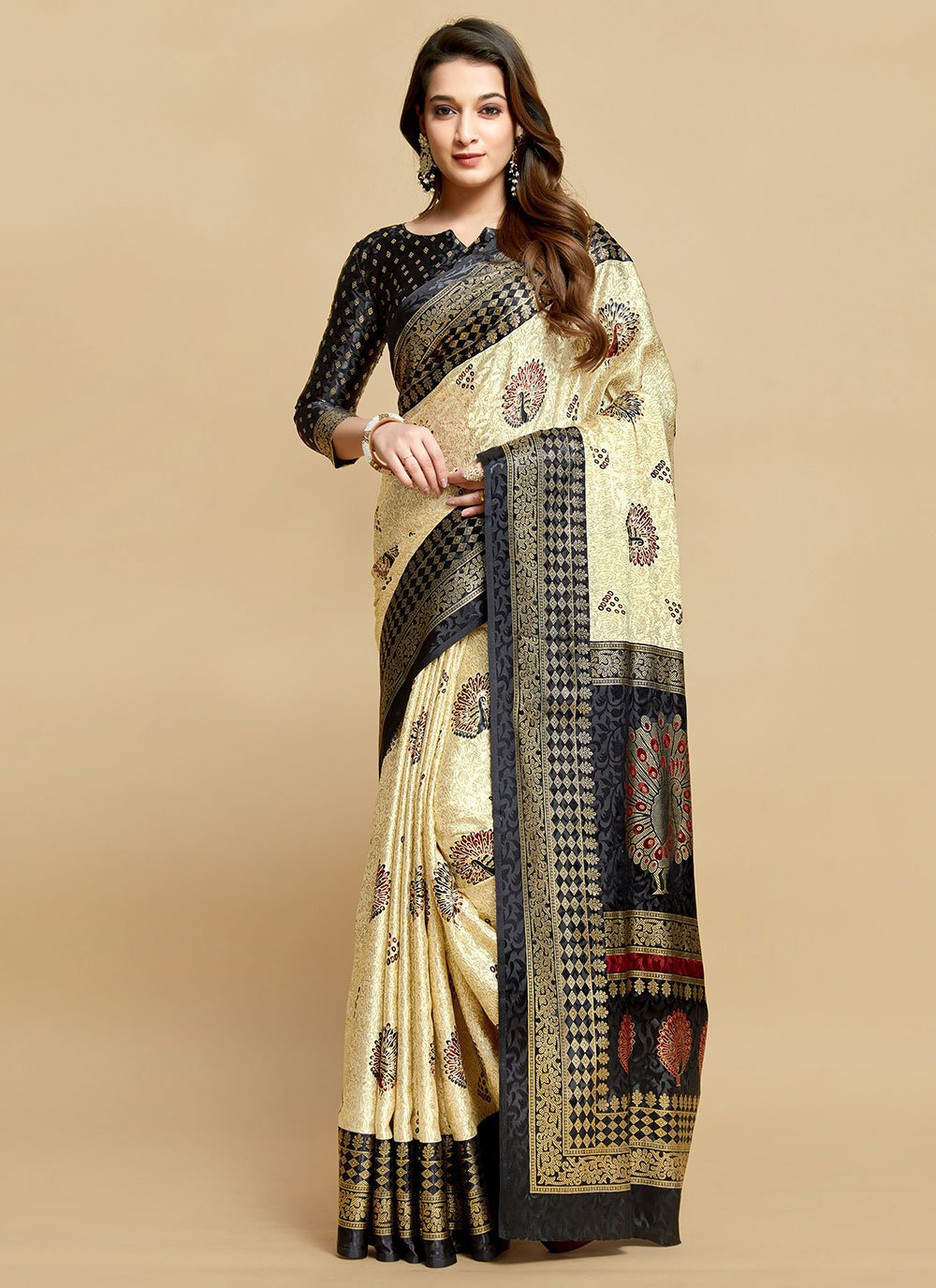 Classic Silk Blue Cream Jacquard Work Saree