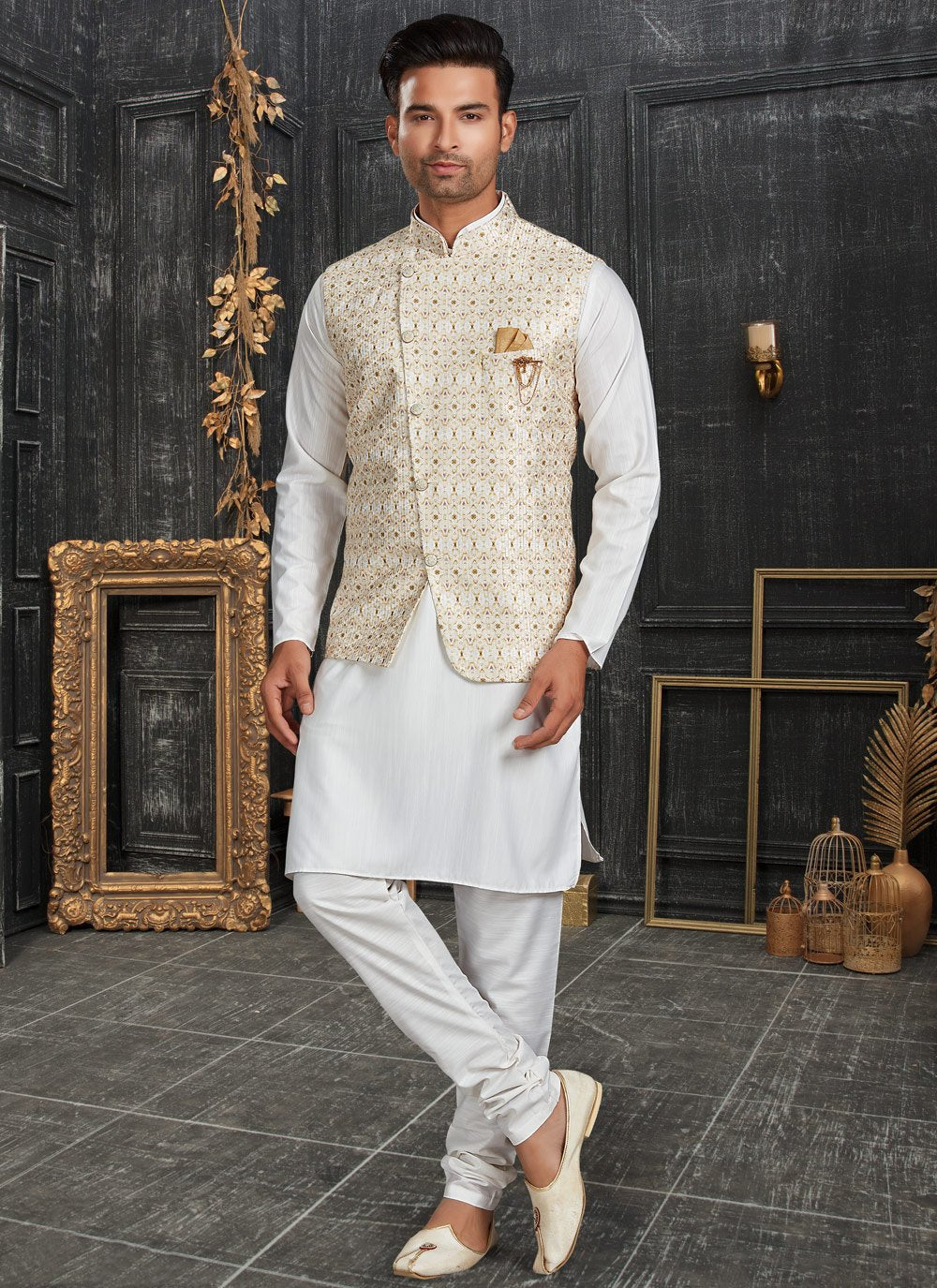 Kurta Payjama With Jacket Cotton Cream Off White Chicken Mens