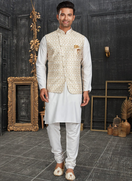 Kurta Payjama With Jacket Cotton Cream Off White Chicken Mens