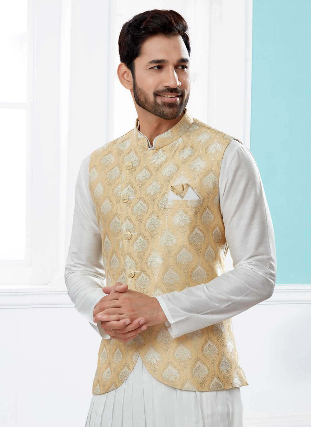 Indo Western Banarasi Silk Dupion Silk Cream Off White Jacquard Work Mens