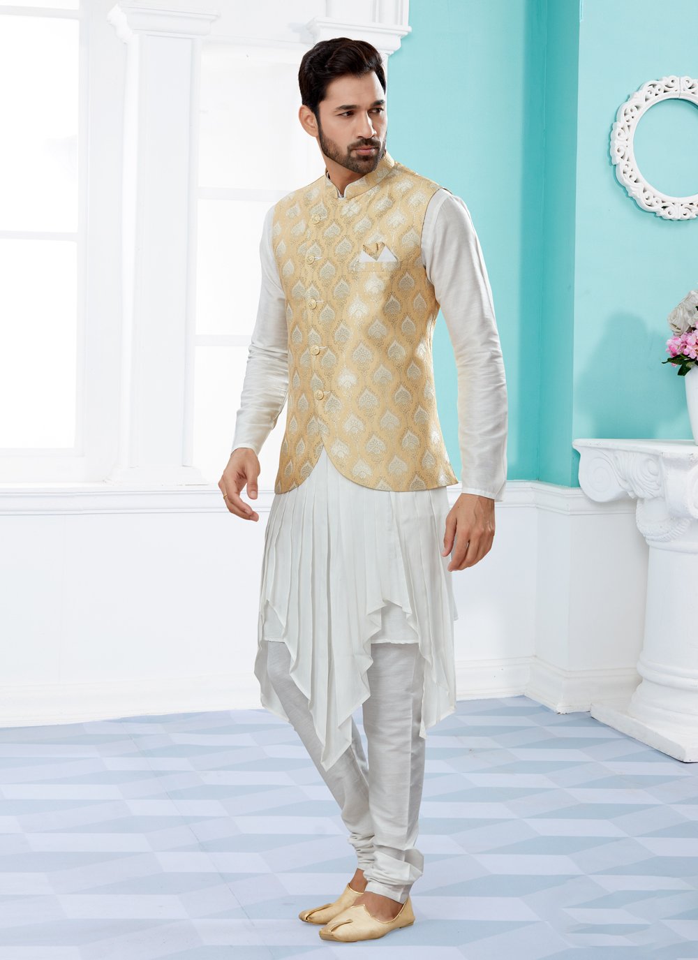 Indo Western Banarasi Silk Dupion Silk Cream Off White Jacquard Work Mens