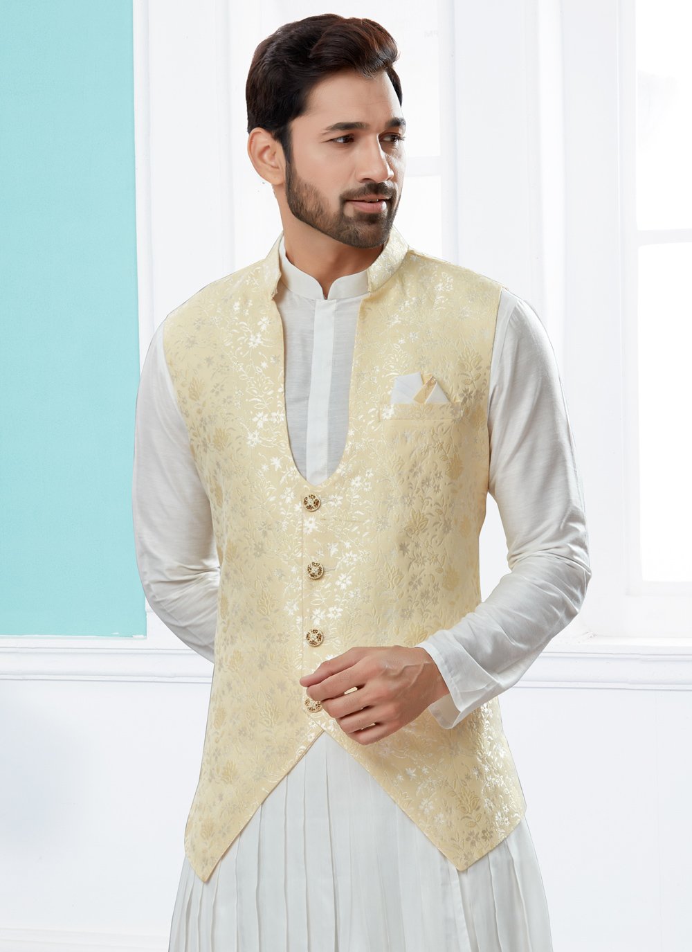 Indo Western Banarasi Silk Dupion Silk Cream Off White Jacquard Work Mens