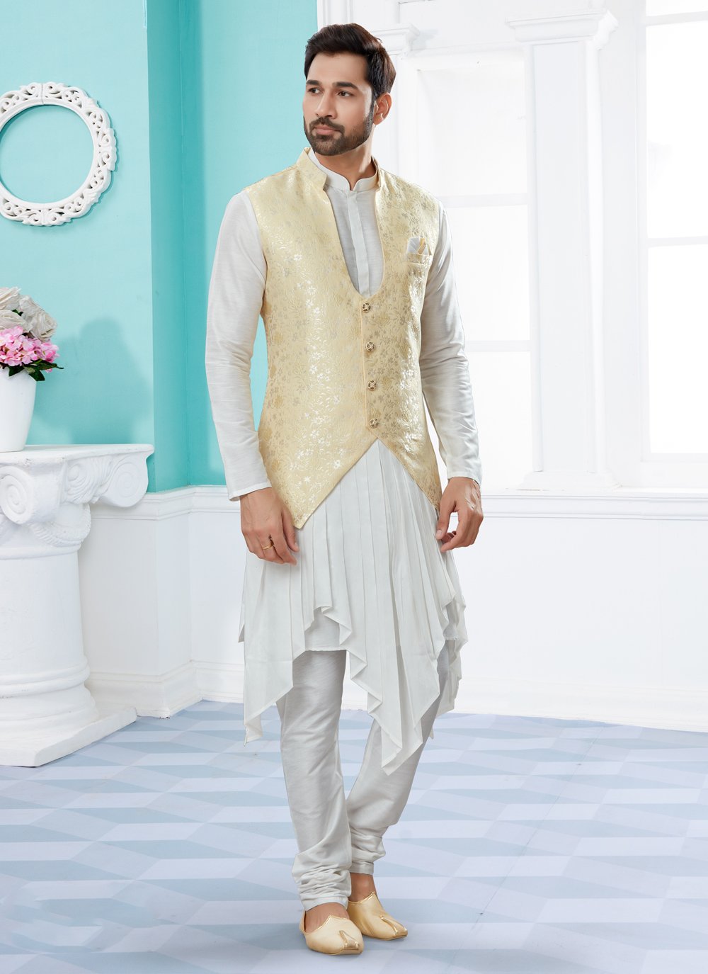 Indo Western Banarasi Silk Dupion Silk Cream Off White Jacquard Work Mens