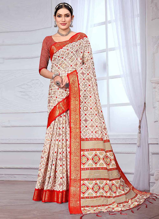 Classic Banarasi Silk Cream Orange Patch Border Saree