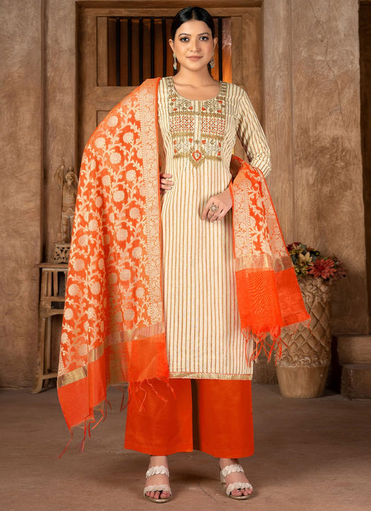 Straight Salwar Suit Cotton Cream Orange Weaving Salwar Kameez