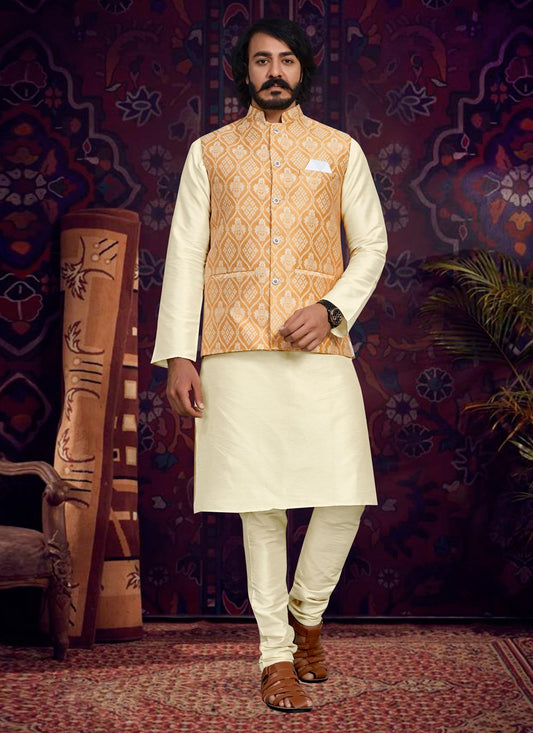 Kurta Payjama With Jacket Art Silk Jacquard Cream Orange Fancy Work Mens