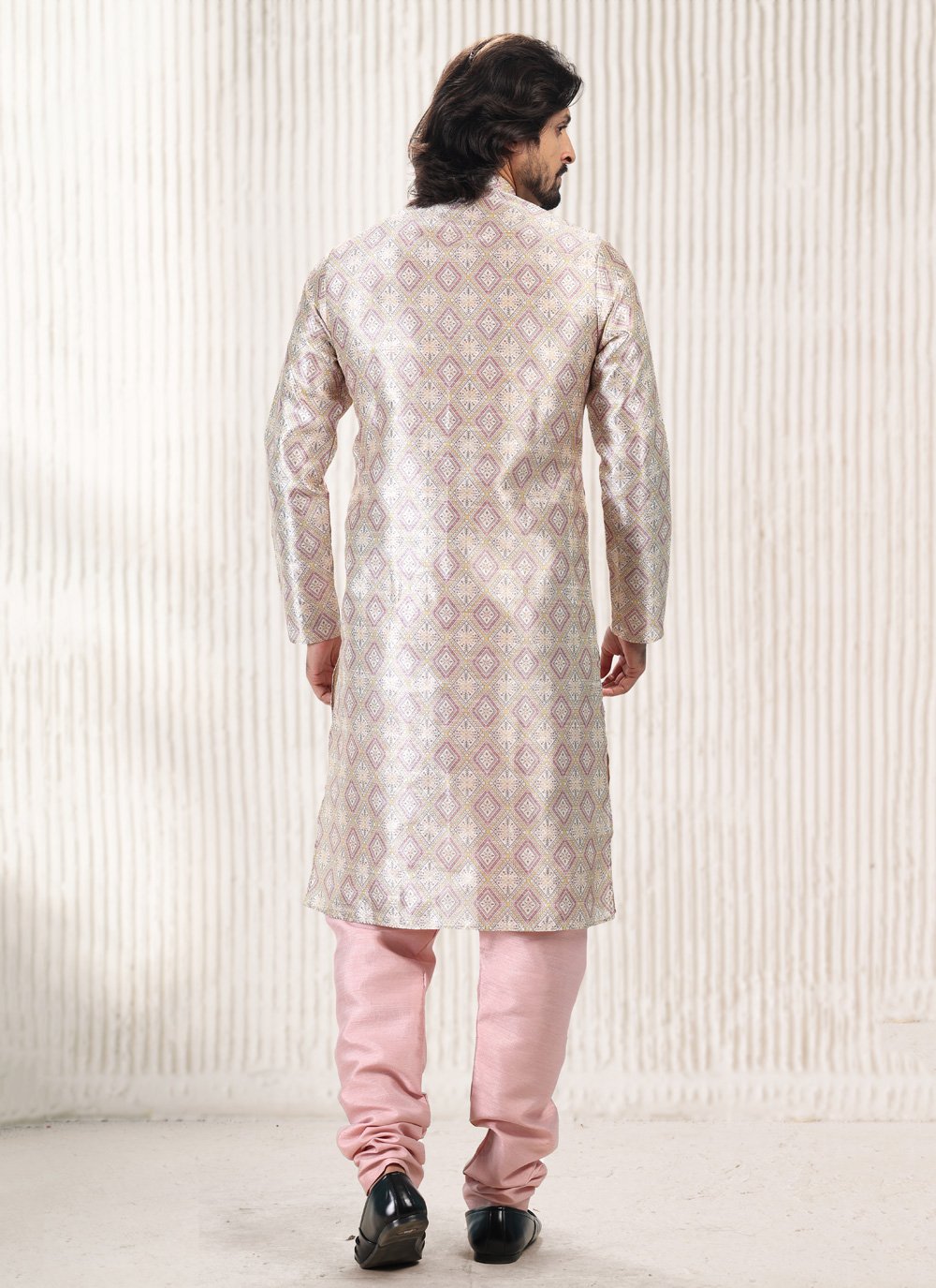 Kurta Pyjama Banarasi Jacquard Cream Peach Fancy Work Mens