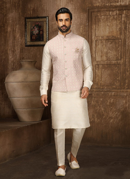 Kurta Payjama With Jacket Lucknowi Cream Pink Embroidered Mens