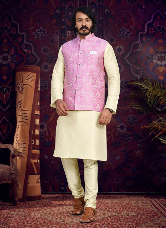 Kurta Payjama With Jacket Art Silk Jacquard Cream Pink Fancy Work Mens