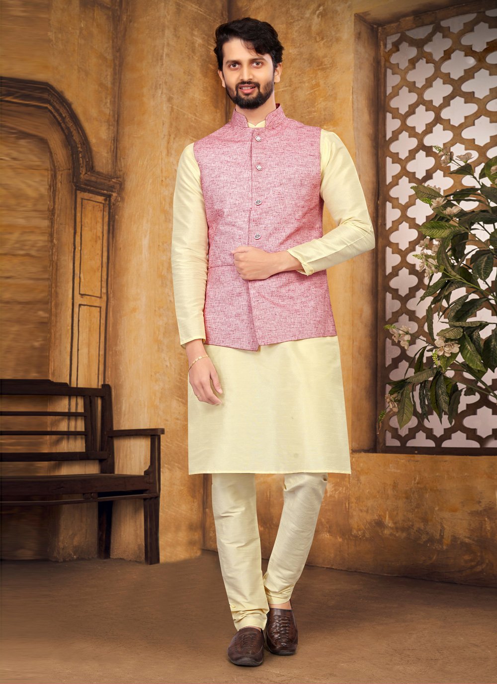 Kurta Payjama With Jacket Silk Cream Pink Fancy Work Mens