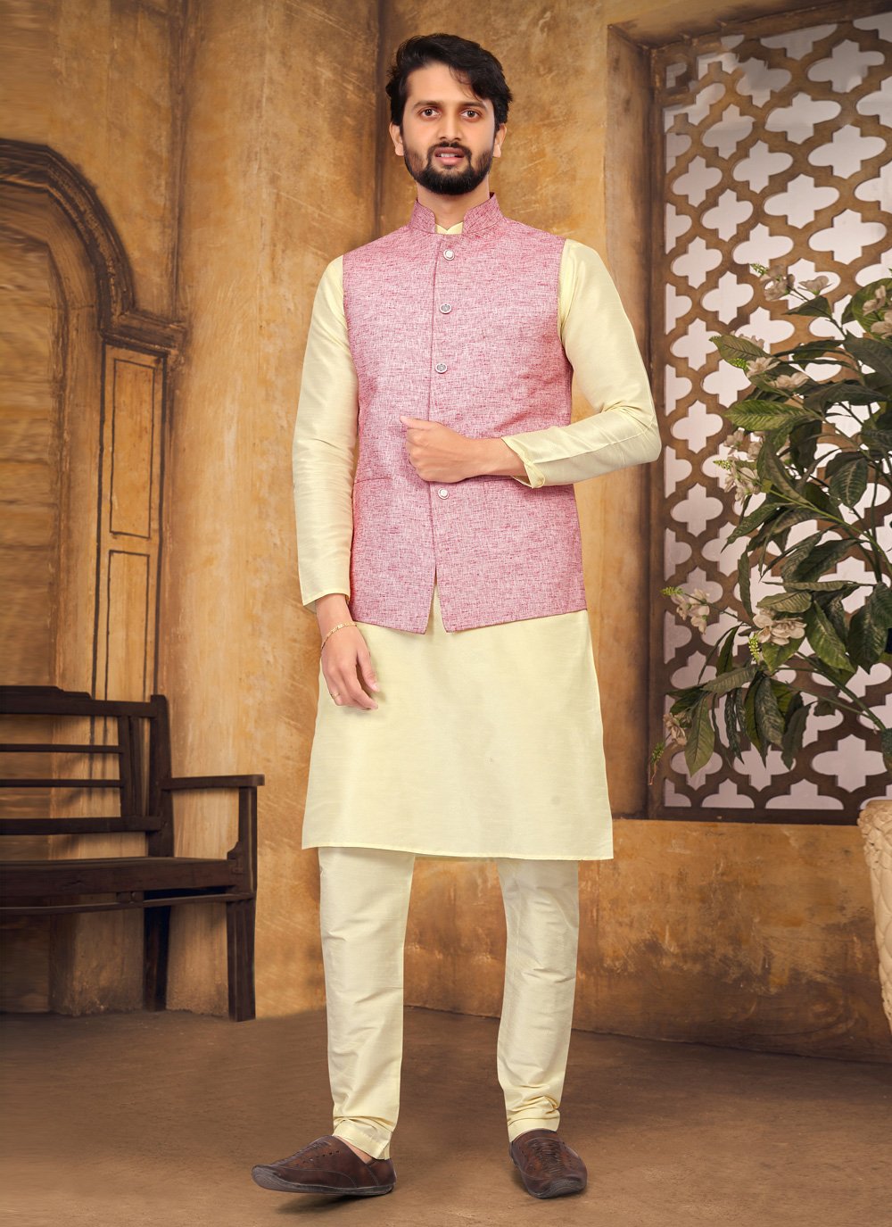 Kurta Payjama With Jacket Silk Cream Pink Fancy Work Mens