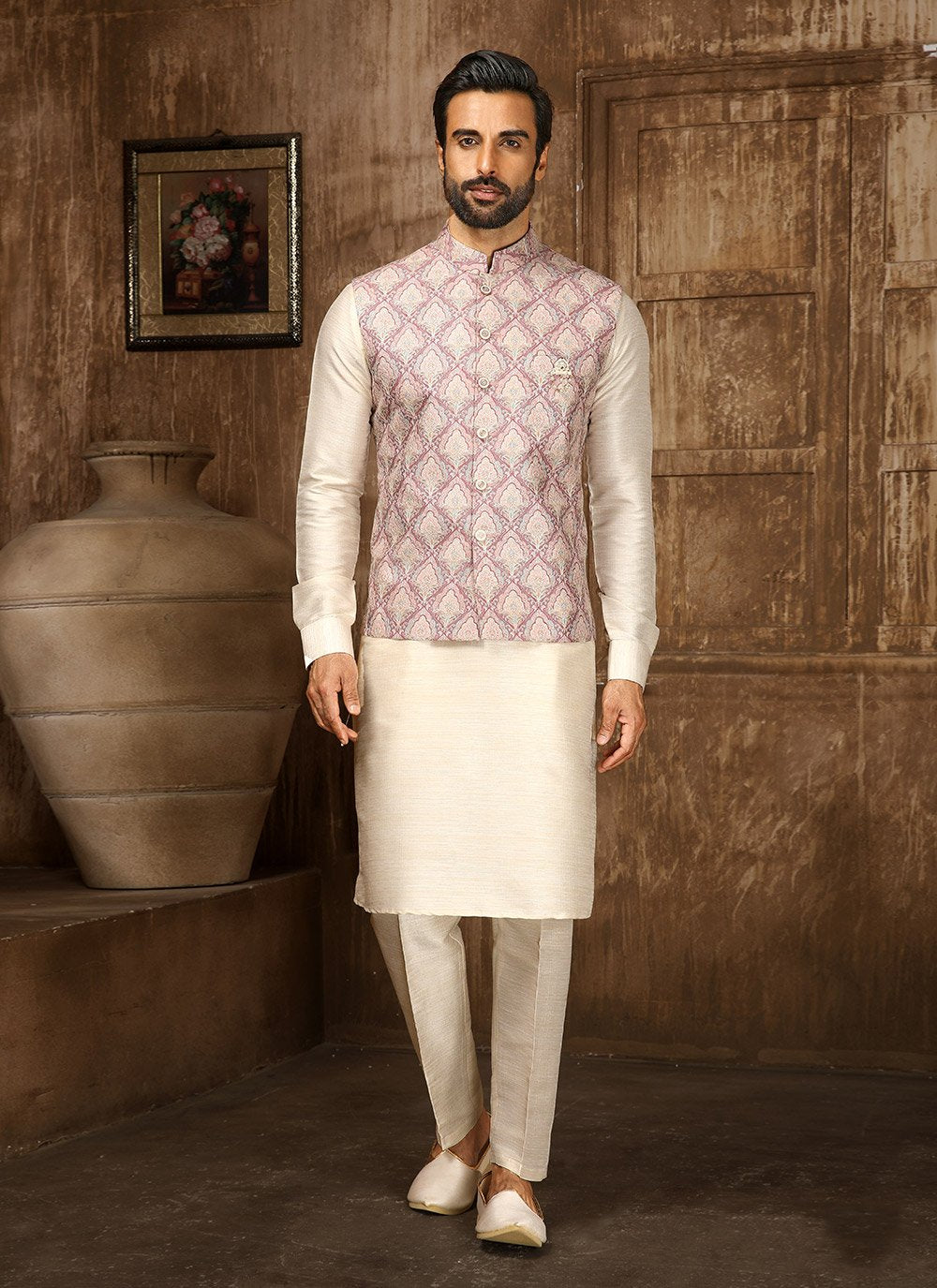 Kurta Payjama With Jacket Fancy Fabric Cream Pink Digital Print Mens