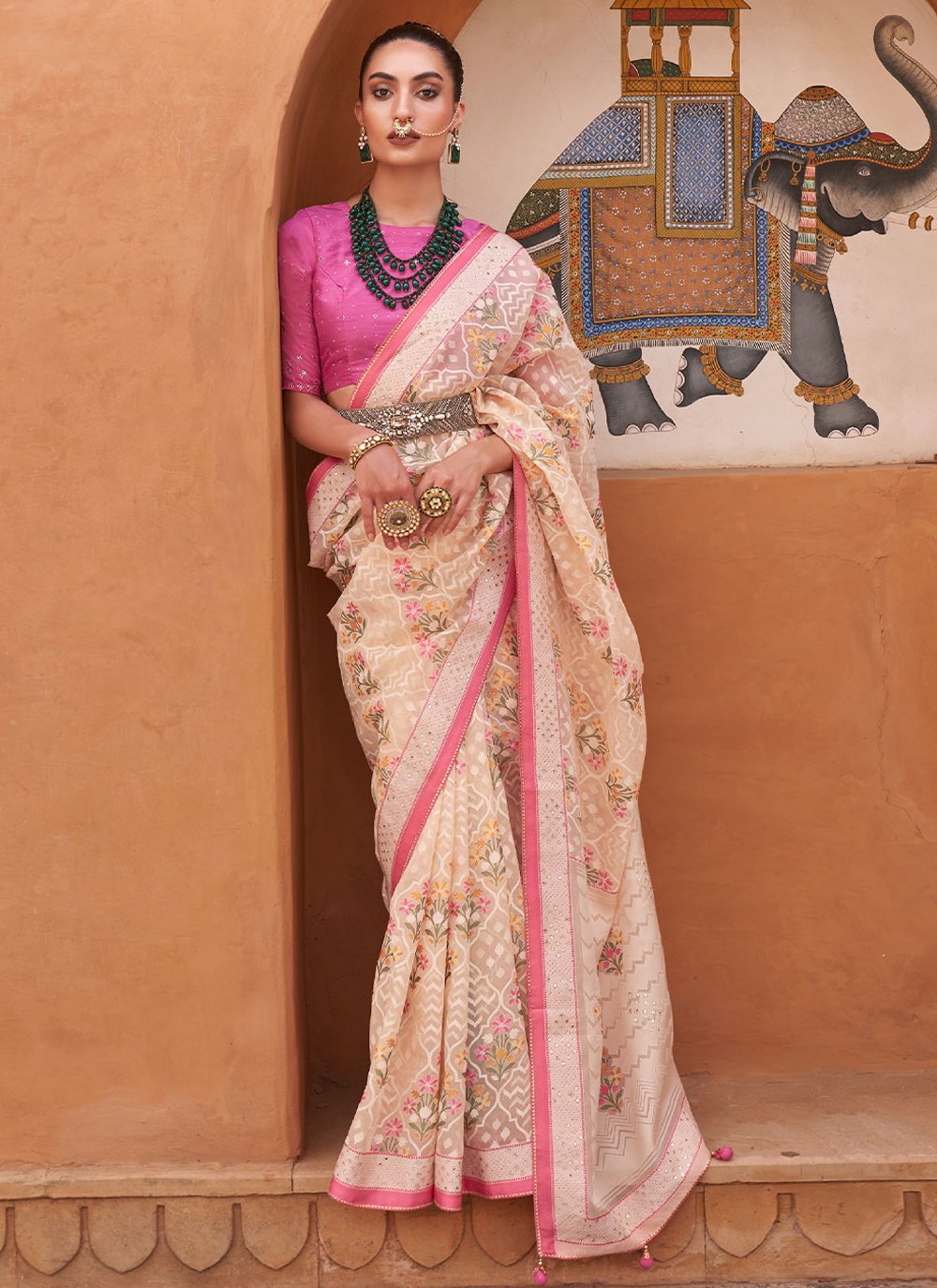 Classic Brasso Cream Pink Fancy Work Saree