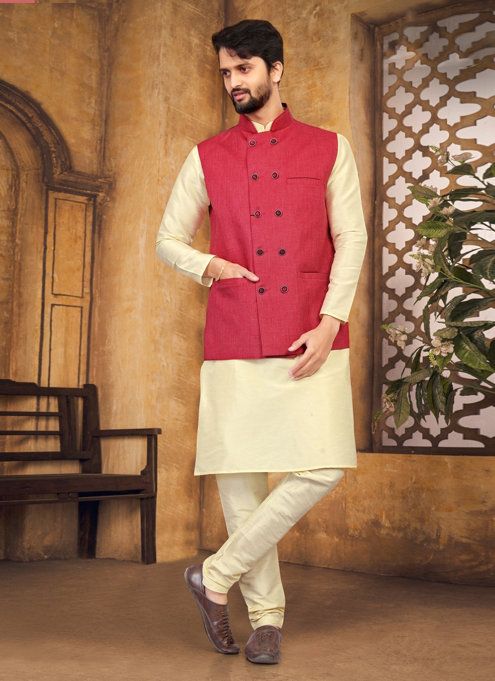 Kurta Payjama With Jacket Silk Cream Pink Fancy Work Mens