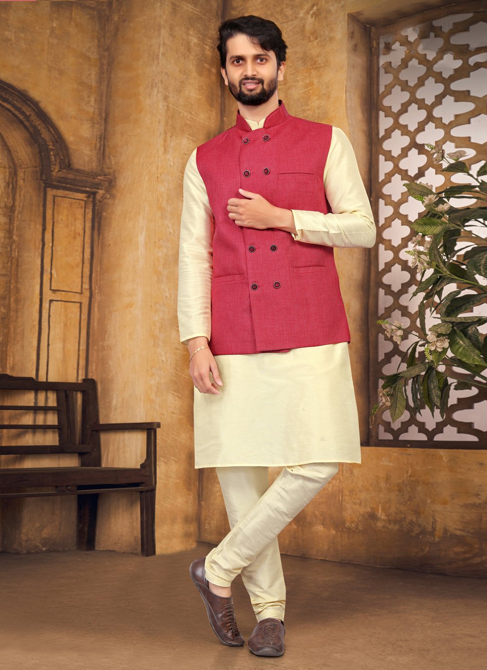 Kurta Payjama With Jacket Silk Cream Pink Fancy Work Mens