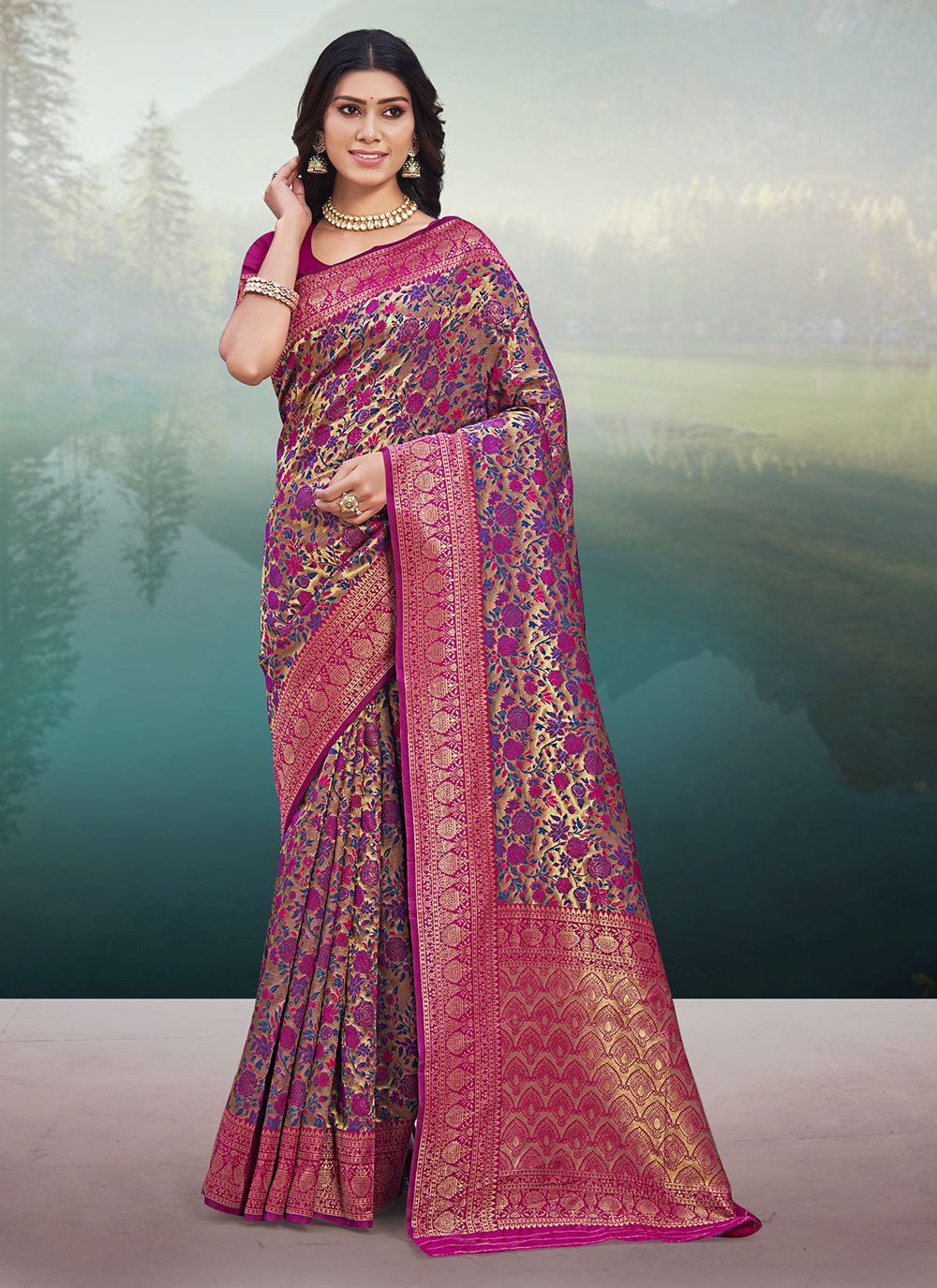 Traditional Saree Banarasi Silk Cream Purple Weaving Saree