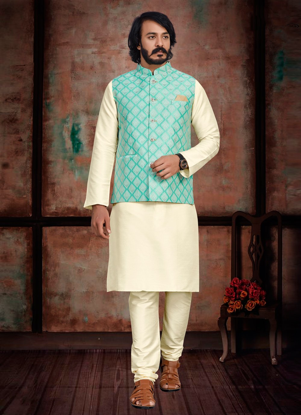 Kurta Payjama With Jacket Art Silk Jacquard Cream Rama Fancy Work Mens