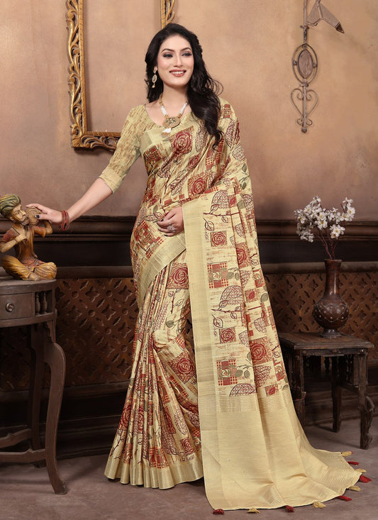 Contemporary Silk Cream Red Digital Print Saree