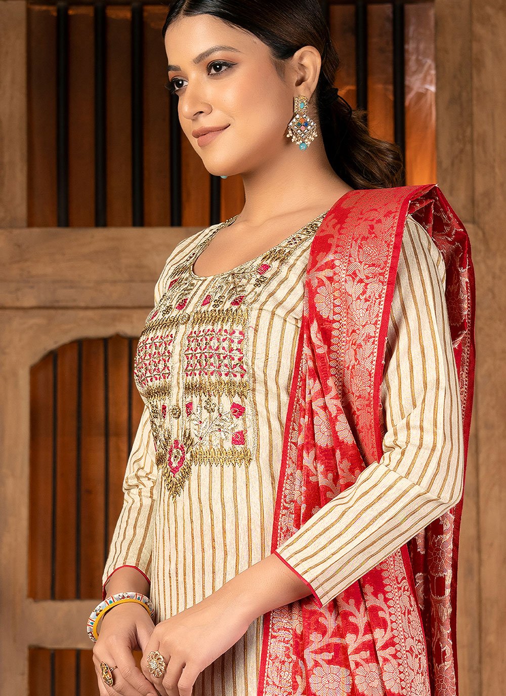 Palazzo Salwar Suit Cotton Cream Red Weaving Salwar Kameez