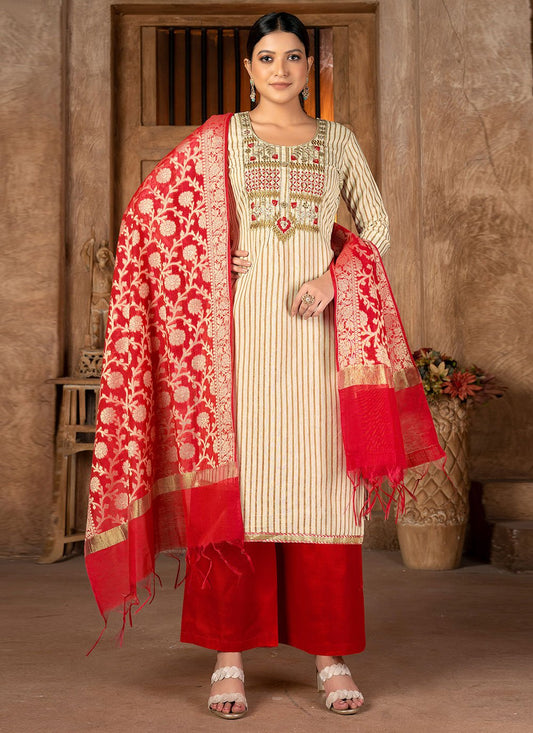 Palazzo Salwar Suit Cotton Cream Red Weaving Salwar Kameez