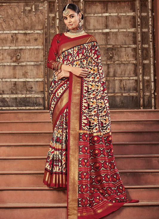 Trendy Saree Silk Cream Red Patola Print Saree