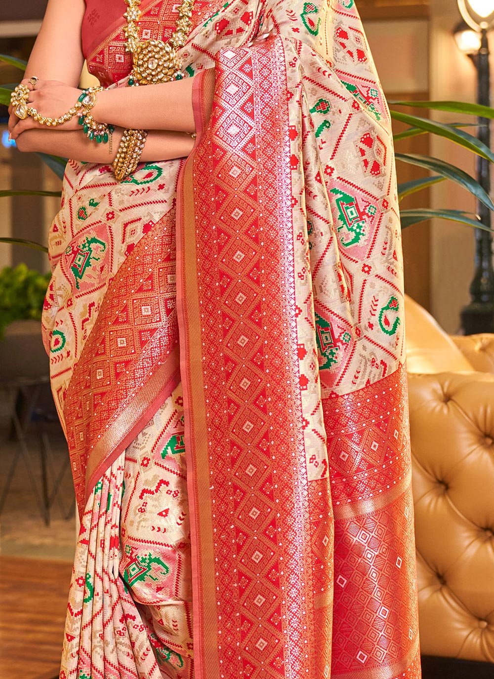 Traditional Saree Patola Silk Cream Red Weaving Saree