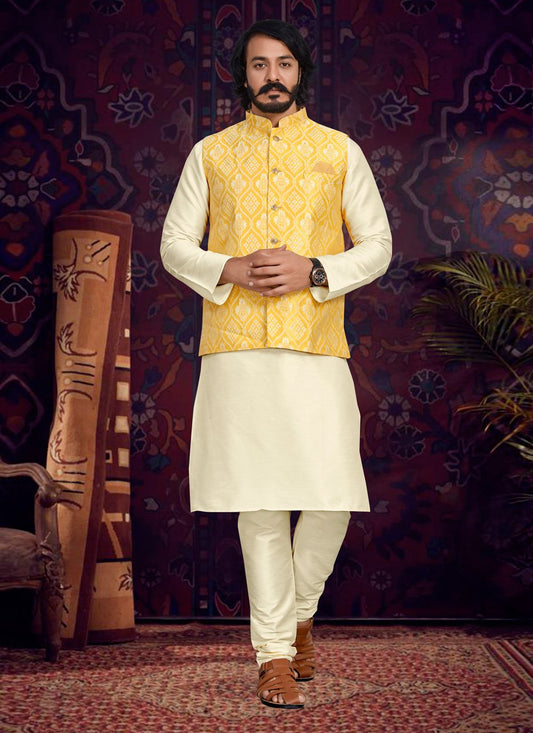 Kurta Payjama With Jacket Art Silk Jacquard Cream Yellow Fancy Work Mens