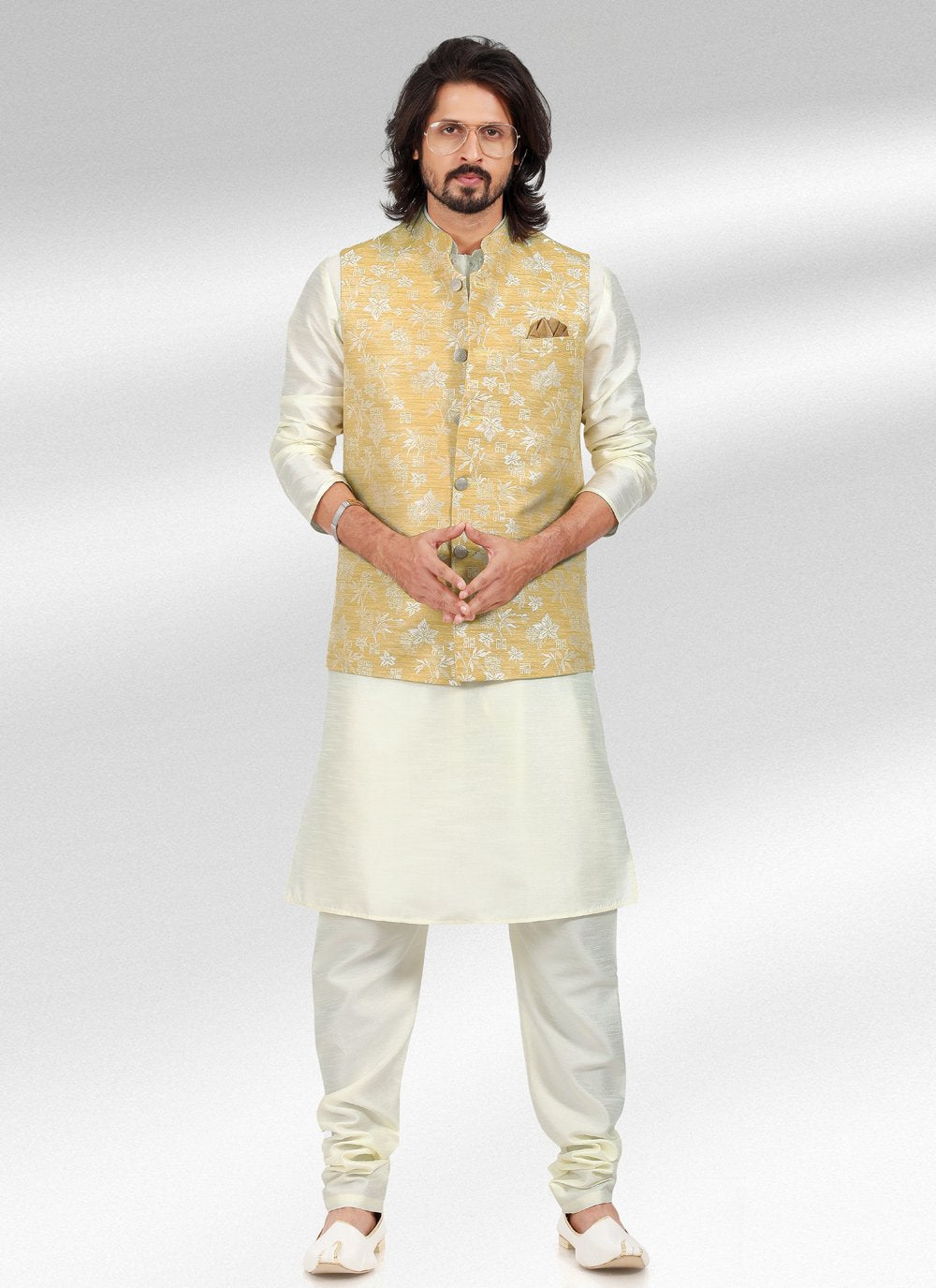 Kurta Payjama With Jacket Banarasi Jacquard Cream Yellow Fancy Work Mens