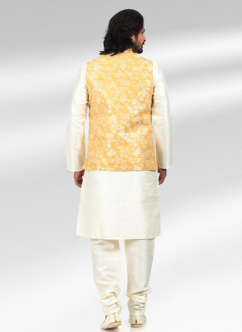 Kurta Payjama With Jacket Banarasi Jacquard Cream Yellow Fancy Work Mens