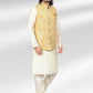 Kurta Payjama With Jacket Banarasi Jacquard Cream Yellow Fancy Work Mens