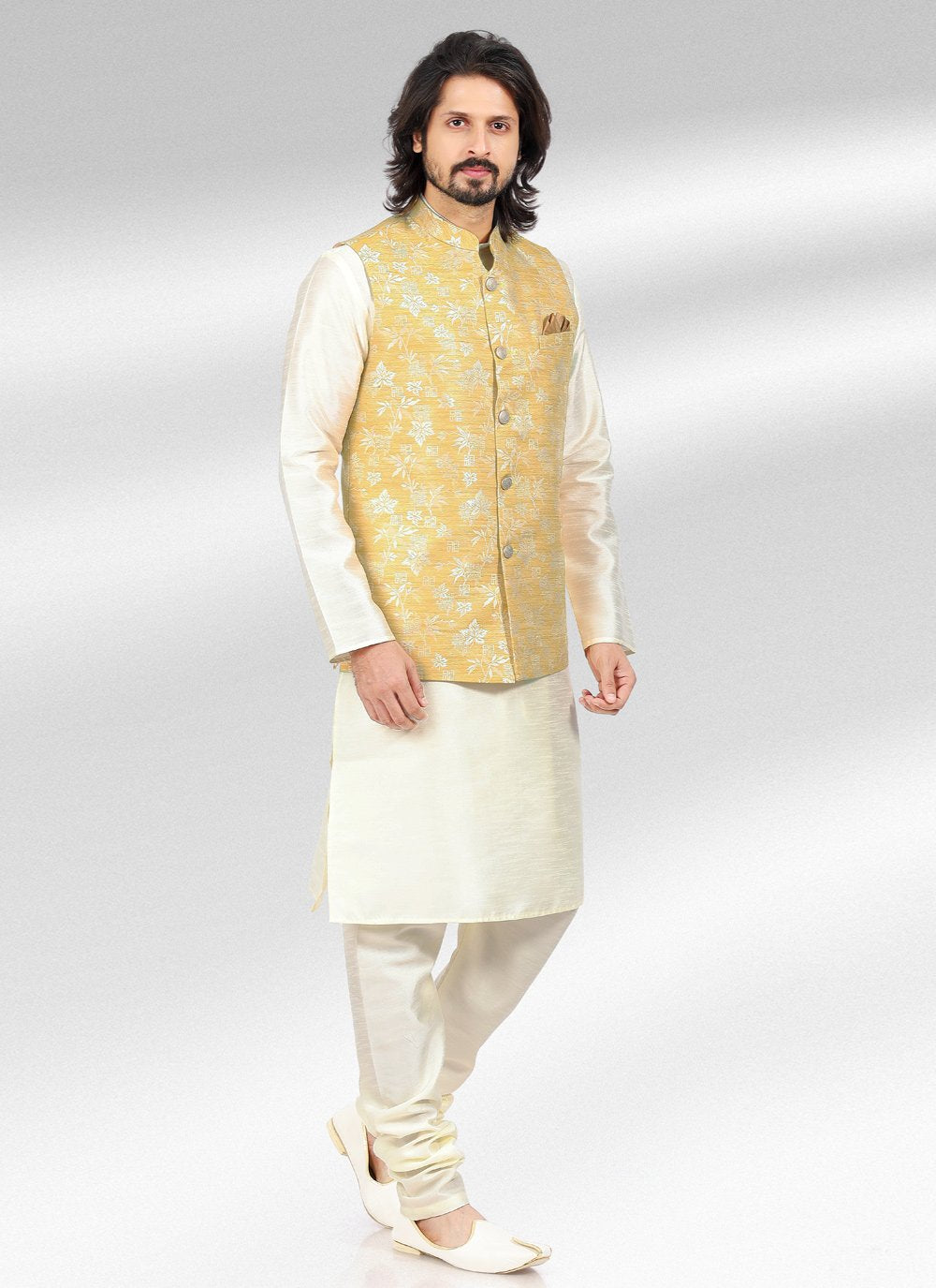 Kurta Payjama With Jacket Banarasi Jacquard Cream Yellow Fancy Work Mens