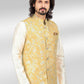 Kurta Payjama With Jacket Banarasi Jacquard Cream Yellow Fancy Work Mens