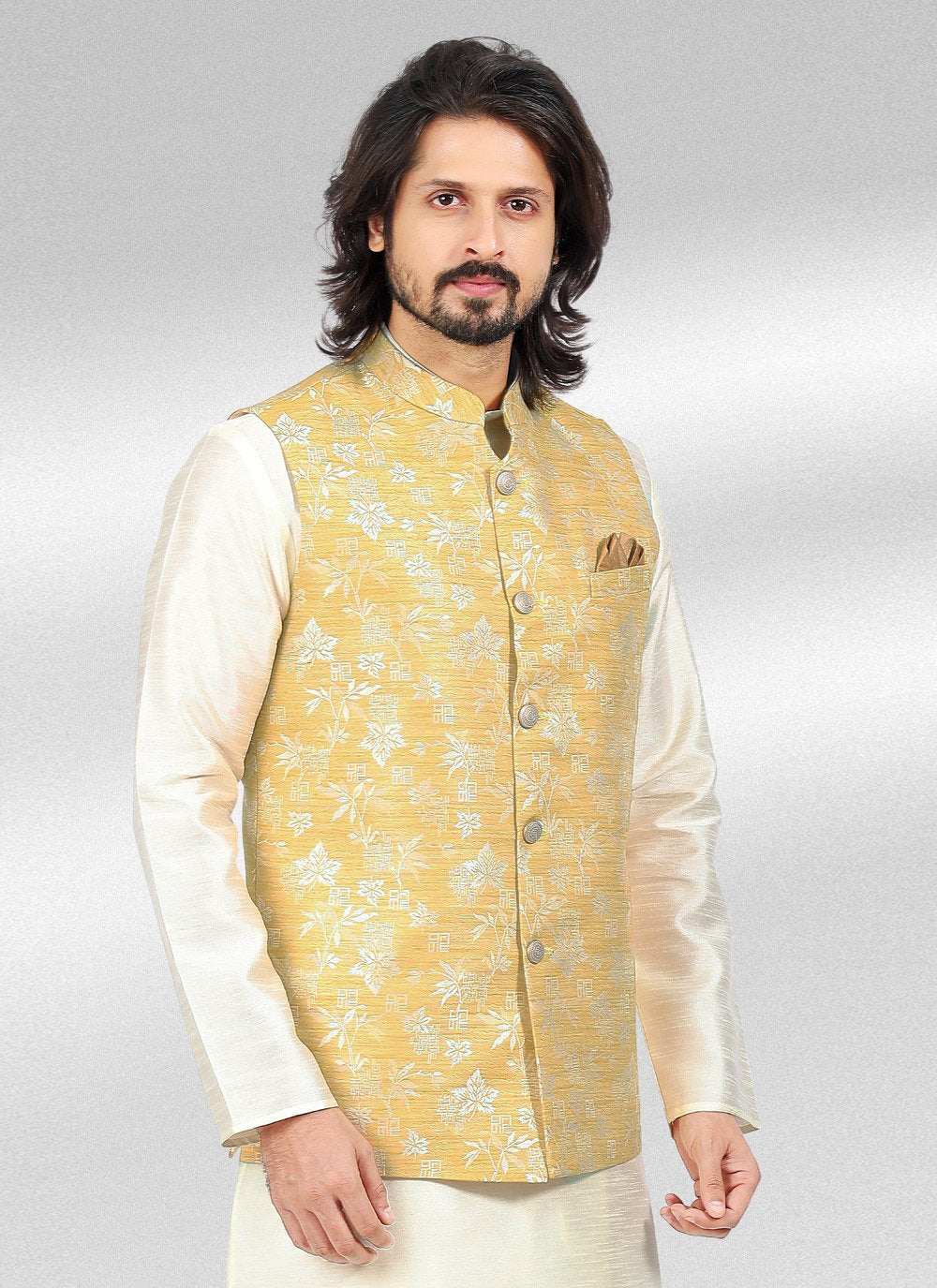 Kurta Payjama With Jacket Banarasi Jacquard Cream Yellow Fancy Work Mens