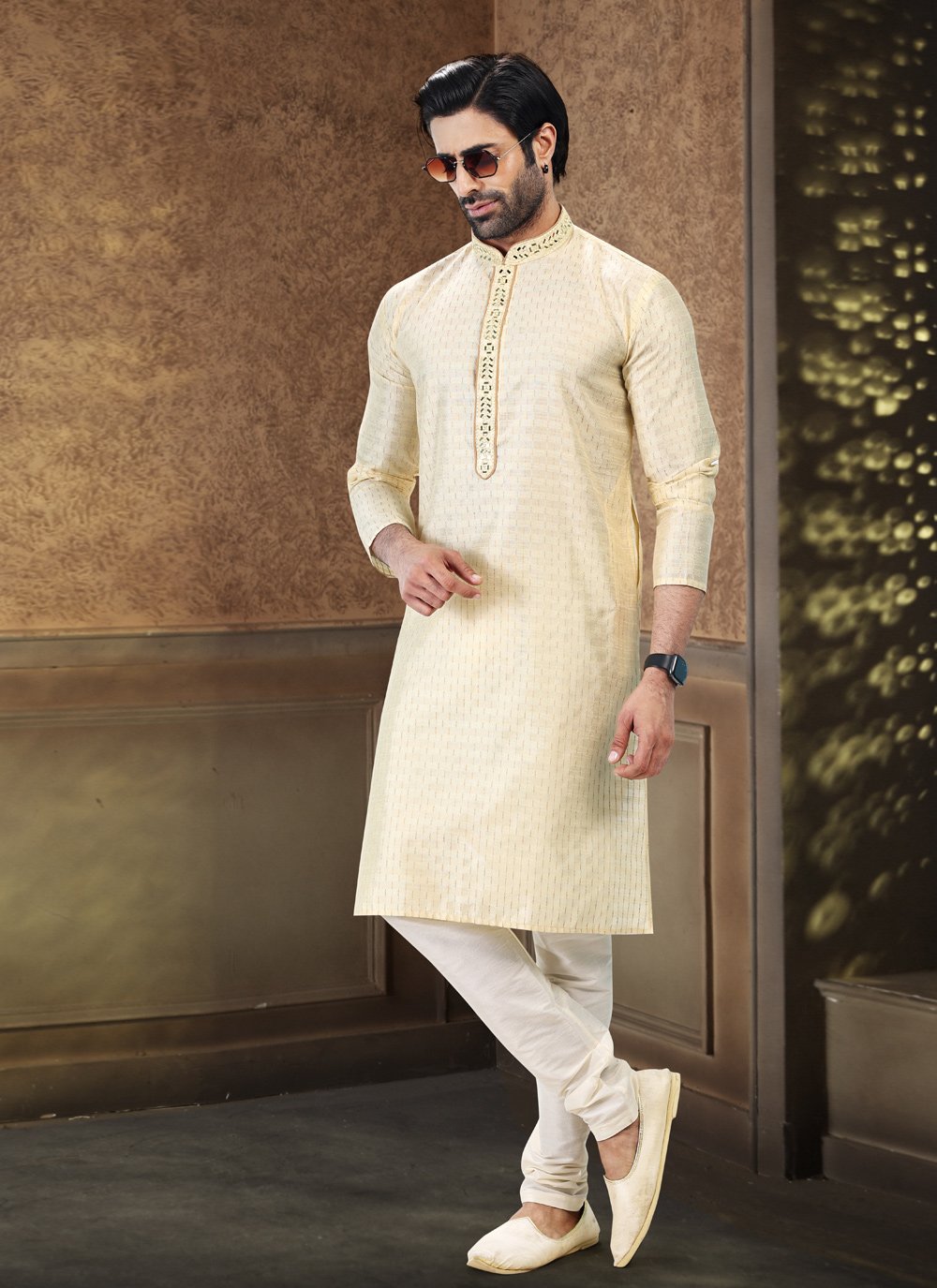 Kurta Pyjama Art Silk Jacquard Cream Fancy Work Mens