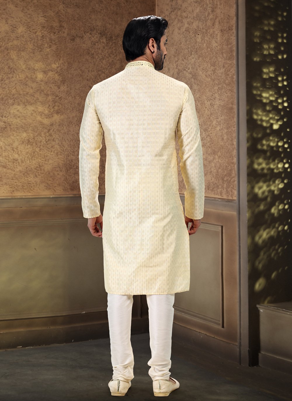 Kurta Pyjama Art Silk Jacquard Cream Fancy Work Mens