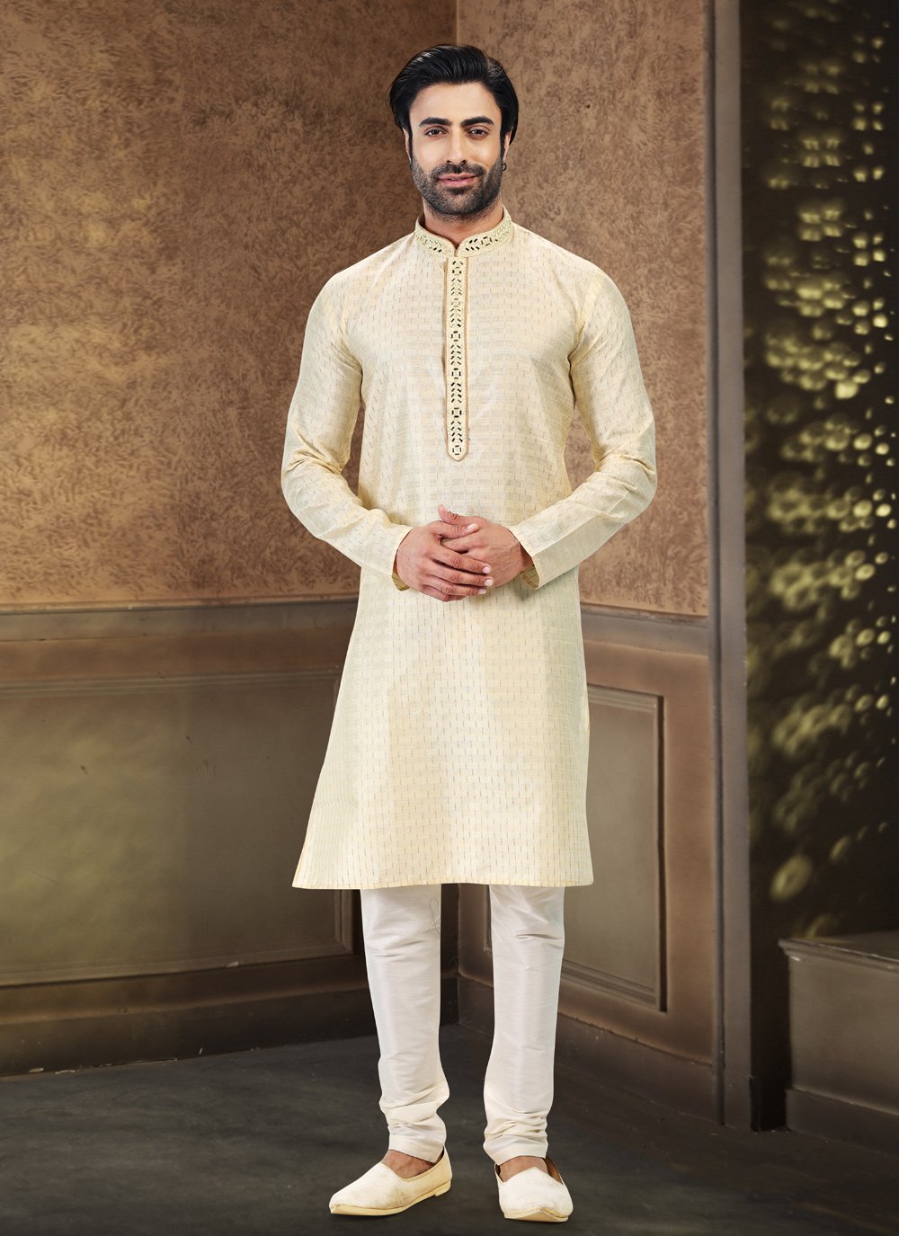 Kurta Pyjama Art Silk Jacquard Cream Fancy Work Mens