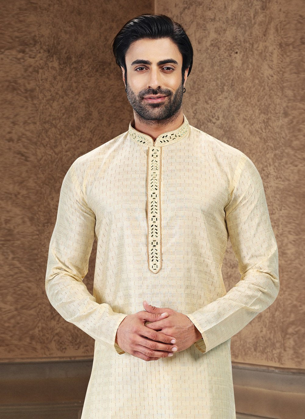 Kurta Pyjama Art Silk Jacquard Cream Fancy Work Mens