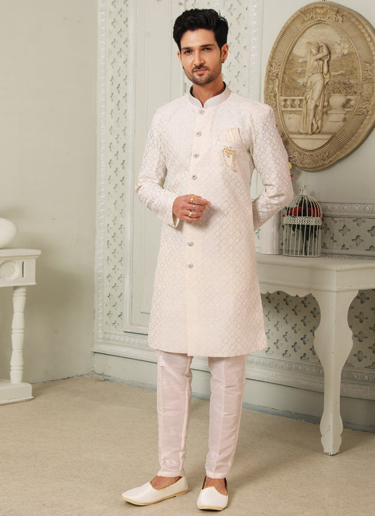 Indo Western Art Silk Cream Embroidered Mens