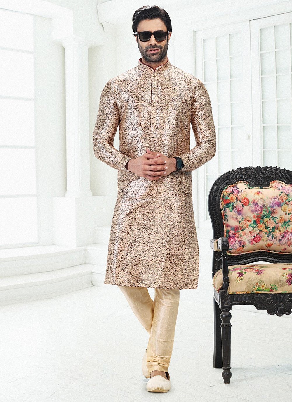 Kurta Pyjama Banarasi Silk Cream Digital Print Mens