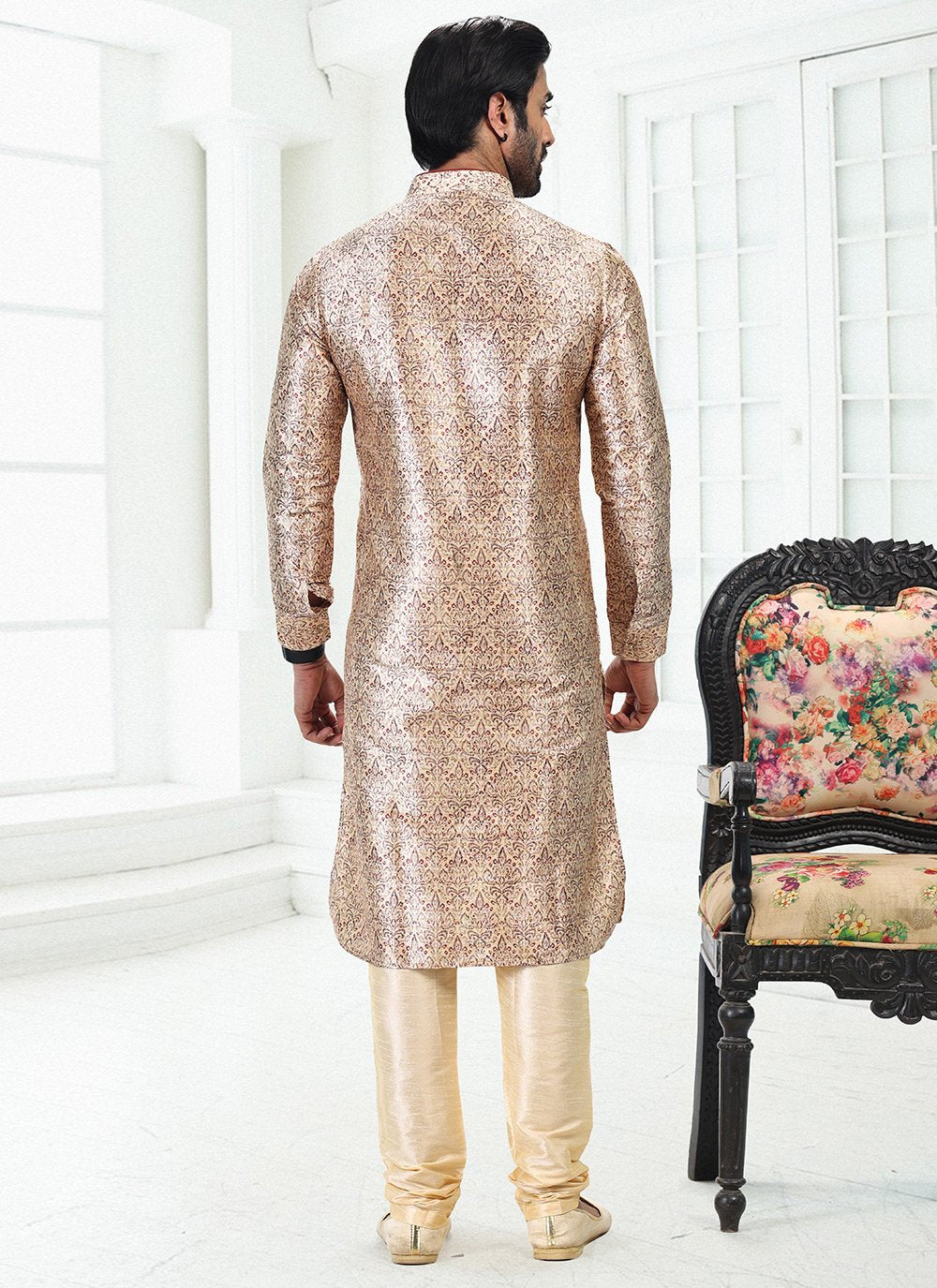 Kurta Pyjama Banarasi Silk Cream Digital Print Mens