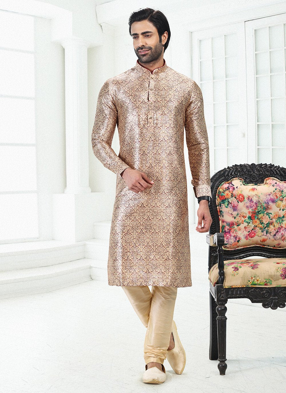 Kurta Pyjama Banarasi Silk Cream Digital Print Mens