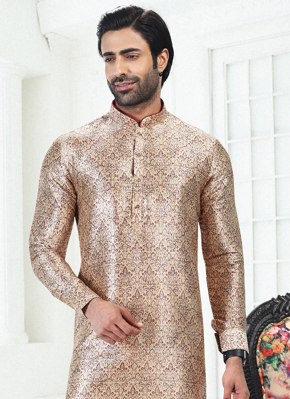 Kurta Pyjama Banarasi Silk Cream Digital Print Mens