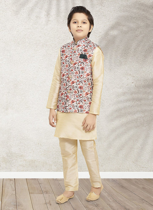 Kurta Payjama With Jacket Banarasi Silk Cream Print Kids