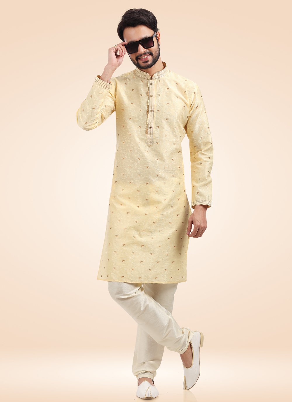 Kurta Pyjama Brocade Jacquard Silk Cream Fancy Work Mens